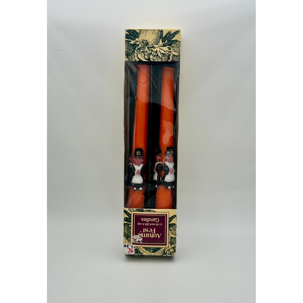 Vintage Autumn Fest Thanksgiving Pilgrim Taper Candles Orange 10 Inch Set of 2